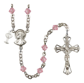 Silver Plated 5mm Austrian Crystal Madonna Mary Rosary in Light Rose
