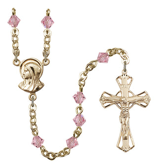 Gold Plated 5mm Austrian Crystal Madonna Mary Rosary in Light Rose