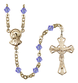 Gold Plated 5mm Austrian Crystal Madonna Mary Rosary in Light Sapphire