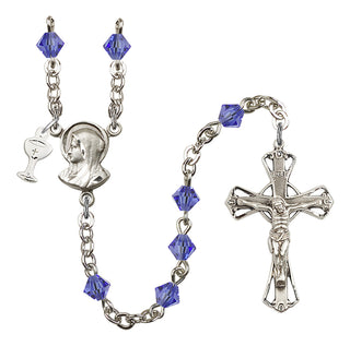 Silver Plated 5mm Austrian Crystal Madonna Mary Rosary in Sapphire