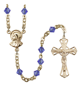 Gold Plated 5mm Austrian Crystal Madonna Mary Rosary in Sapphire