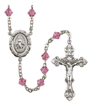 Silver Plated 6mm Austrian Crystal Miraculous Rosary in Rose