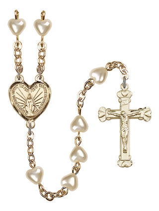 Gold Plated Imitation Cream Pearl Heart, Miraculous Rosary