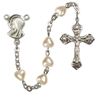 Silver Plated Rosary with 6mm Heart Faux Pearl Beads