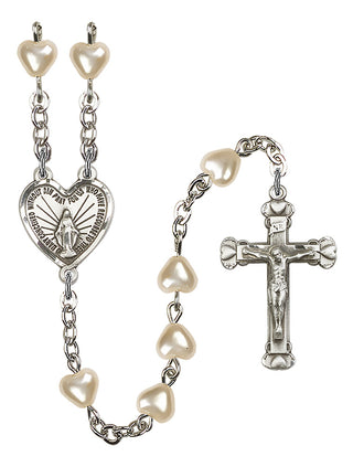 Silver Plated Imitation Cream Pearl Heart, Miraculous Rosary