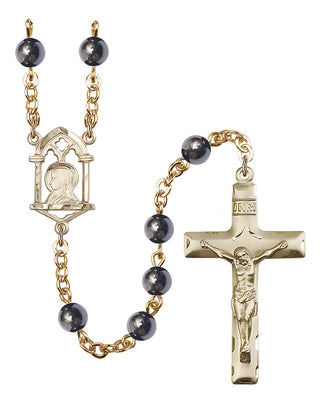 Gold Plated 6mm Semi-Precious Madonna Mary Rosary in Hematite