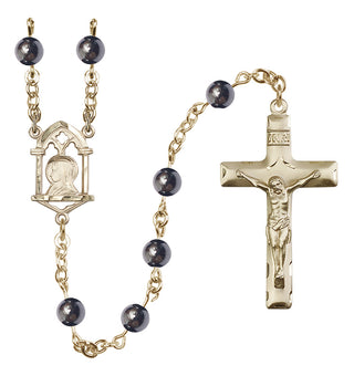 14 Karat Gold-Filled 6mm Semi-Precious Stone Madonna Mary/ Sacred Heart Rosary in Hematite