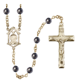 14 Karat Gold 6mm Semi-Precious Stone Madonna Mary/ Sacred Heart Rosary in Hematite