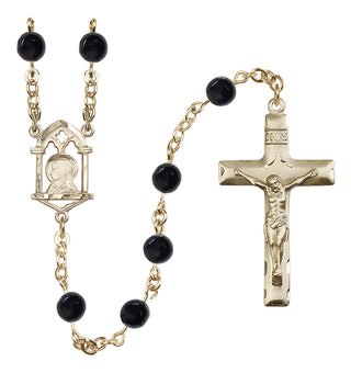 14 Karat Gold 6mm Semi-Precious Stone Madonna Mary/ Sacred Heart Rosary in Black Onyx