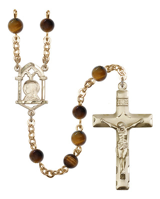 Gold Plated 6mm Semi-Precious Madonna Mary Rosary in Tiger Eye
