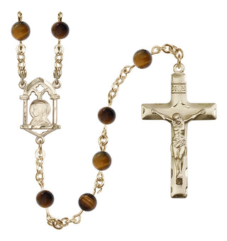 14 Karat Gold-Filled 6mm Semi-Precious Stone Madonna Mary/ Sacred Heart Rosary in Tiger Eye
