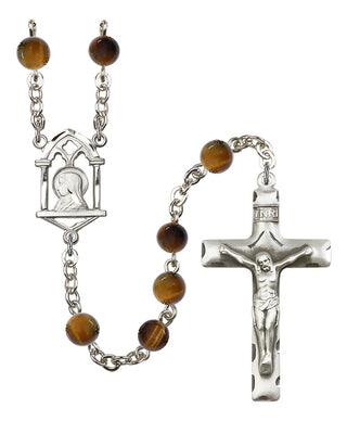 Silver Plated 6mm Semi-Precious Madonna Mary Rosary in Tiger Eye