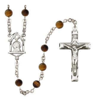 Sterling Silver 6mm Semi-Precious Stone Madonna Mary/ Sacred Heart Rosary in Tiger Eye