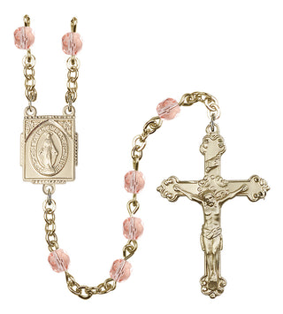 Gold Plated 6mm Fire Polished Miraculous Rosary in Pink