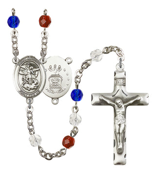 Silver Plated 6mm Fire Polished Saint Michael / Air Force Rosary in Red/White/Blue