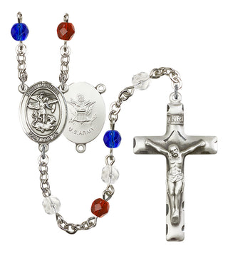 Silver Plated 6mm Fire Polished Saint Michael / Army Rosary in Red/White/Blue