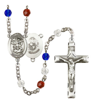 Silver Plated 6mm Fire Polished Saint Michael / Marines Rosary in Red/White/Blue