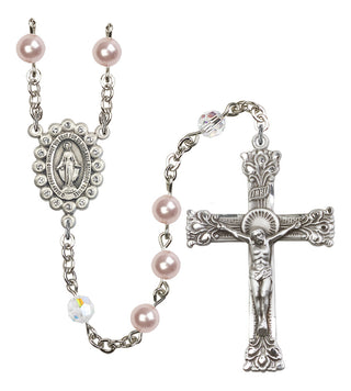 Silver Plate 6mm Austrian Rosaline Pearl and Crystal Miraculous Rosary