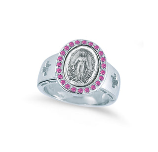 Sterling Silver Miraculous Medal Pink Cubic Zircon Ring Size 6