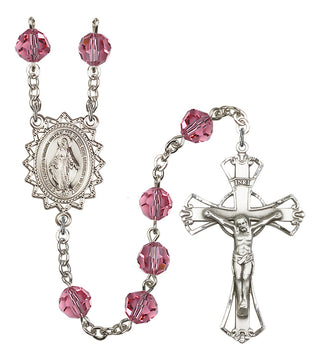 Silver Plated 8mm Austrian Crystal Miraculous Rosary in Rose
