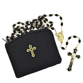 7MM Black Glass Rhodium Filled Rosary, Box
