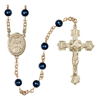 14 Karat Gold-Filled 6mm Austrian Crystal, Faux Pearl Scapular Rosary in blue