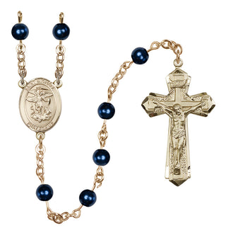 14 Karat Gold 6mm Austrian Crystal, Imitation Blue Saint Michael Rosary
