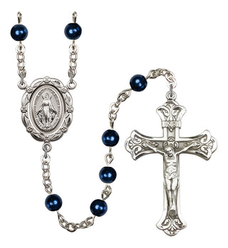 Silver Plated 6mm Austrian Crystal, Faux Pearl Miraculous Rosary in Blue