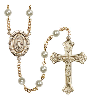 Gold Plated 6mm Austrian Crystal, Faux Pearl Miraculous Rosary in Cream Rose