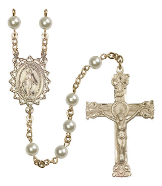14 Karat Gold-Filled 6mm Austrian Crystal, Faux Pearl Miraculous Rosary in Cream rose
