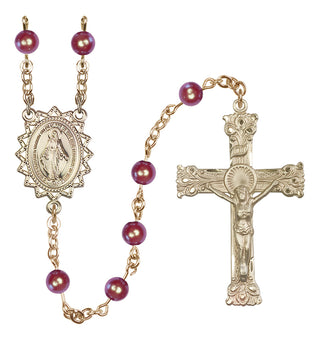 14 Karat Gold 6mm Austrian Crystal, Faux Pearl Miraculous Rosary in Red