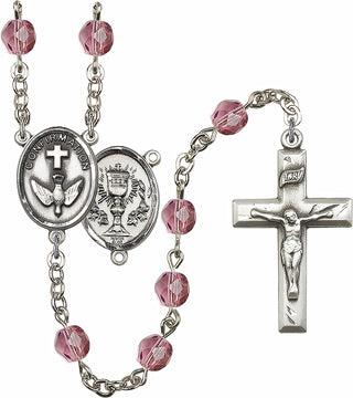 Hand Made Silver Plate Rosary with 6mm Fire Polished Amethyst Beads featuring a 2-Sided Chalice / Confirmation Center