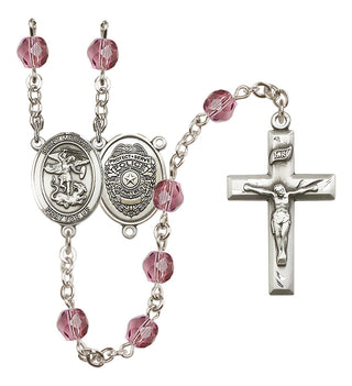 Silver Plated 6mm Fire Polished Saint Michael the Archangel/Policeman Rosary in Amethyst