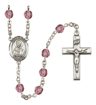 Silver Plated 6mm Fire Polished Saint Timothy Rosary in Amethyst