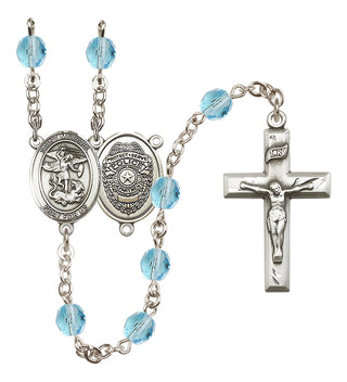 Silver Plated 6mm Fire Polished Saint Michael the Archangel/Policeman Rosary in Aqua