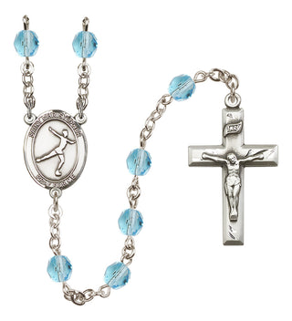 Hand Made Silver Plate Rosary with 6mm Fire Polished Aqua Beads featuring a Saint Christopher/Figure Skating Center.