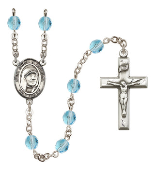 Silver Plated 6mm Fire Polished Saint Teresa of Calcutta Rosary in Aqua
