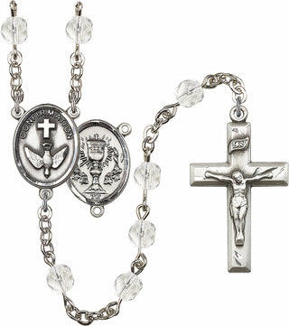 Hand Made Silver Plate Rosary with 6mm Fire Polished Crystal Beads featuring a 2-Sided Chalice / Confirmation Center