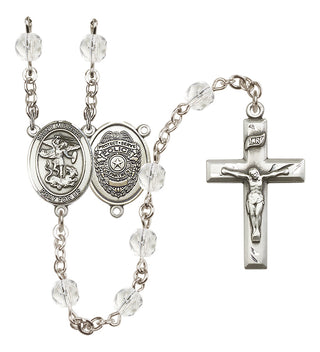 Silver Plated 6mm Fire Polished Saint Michael the Archangel/Policeman Rosary in Crystal