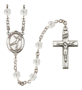 Hand Made Silver Plate Rosary with 6mm Fire Polished Crystal Beads featuring a Saint Christopher/Figure Skating Center.