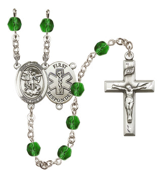 Silver Plated 6mm Fire Polished Saint Michael/1St Responder Rosary in Emerald