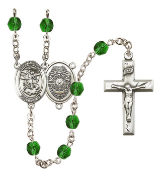 Silver Plated 6mm Fire Polished Saint Michael the Archangel/Policeman Rosary in Emerald