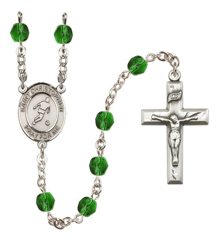 Silver Plated 6mm Fire Polished Saint Christopher/Soccer Rosary in Emerald