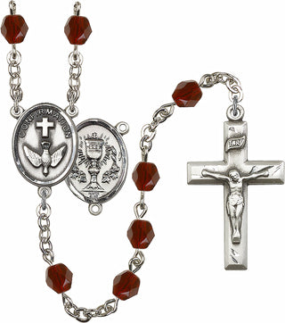 Hand Made Silver Plate Rosary with 6mm Fire Polished Garnet Beads featuring a 2-Sided Chalice / Confirmation Center