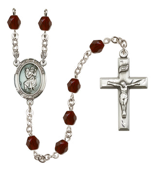Hand Made Silver Plate Rosary with 6mm Fire Polished Garnet Beads featuring a Saint Christopher Center.