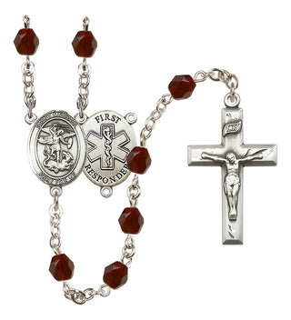 Silver Plated 6mm Fire Polished Saint Michael/1St Responder Rosary in Garnet
