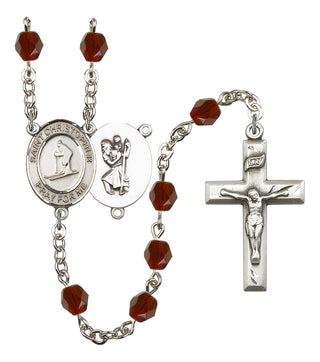 Saint Christopher and Skiing Rosary with Garnet Beads