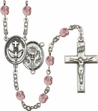 Hand Made Silver Plate Rosary with 6mm Fire Polished Light Amethyst Beads featuring a 2-Sided Chalice / Confirmation Center