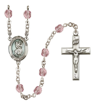 Hand Made Silver Plate Rosary with 6mm Fire Polished Light Amethyst Beads featuring a Saint Christopher Center.