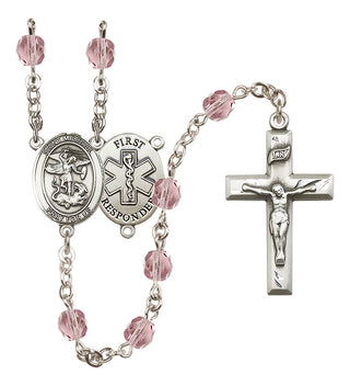 Silver Plated 6mm Fire Polished Saint Michael/1St Responder Rosary in Light Amethyst